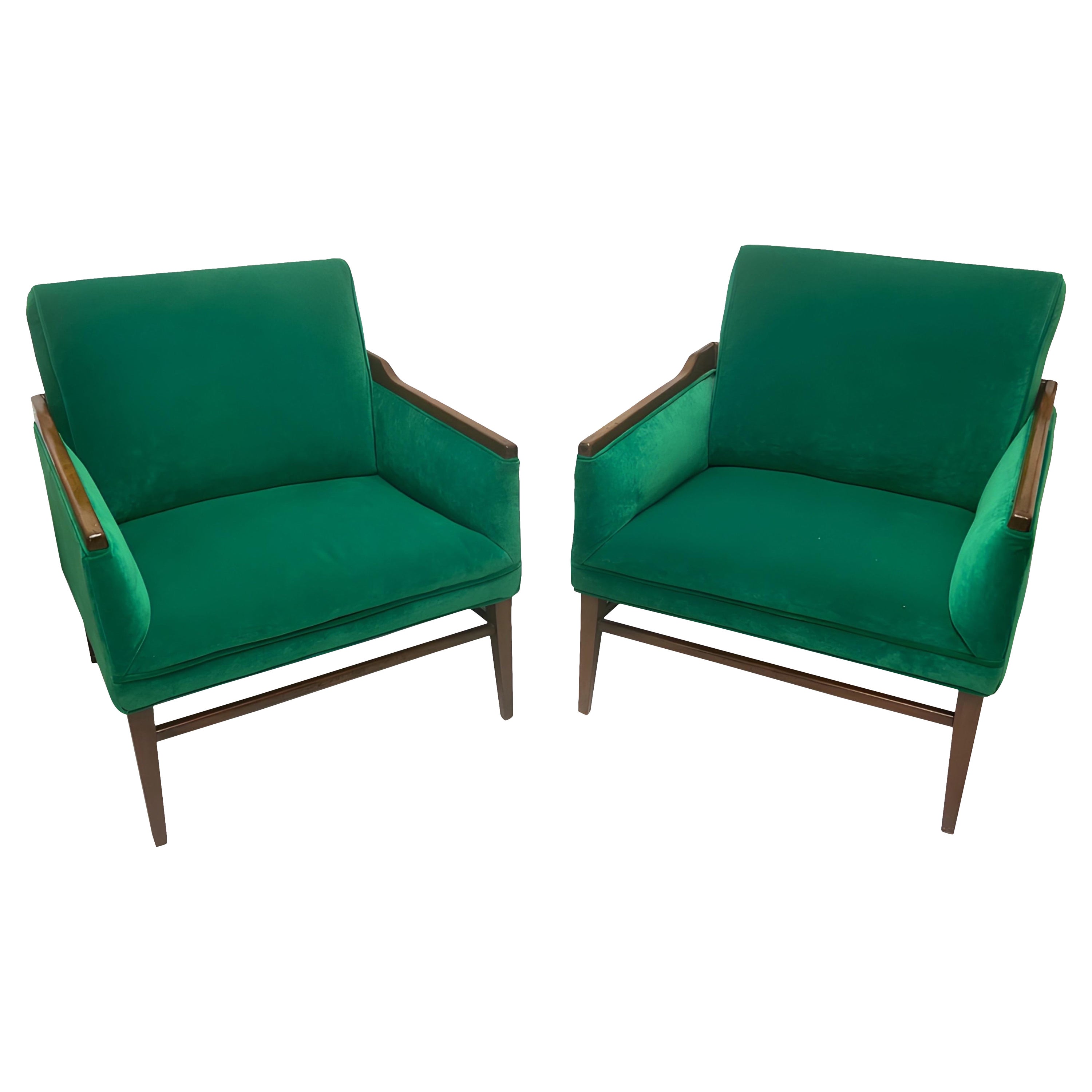 1950’s Walnut and Green Velvet Low Profile Chairs - a Pair For Sale