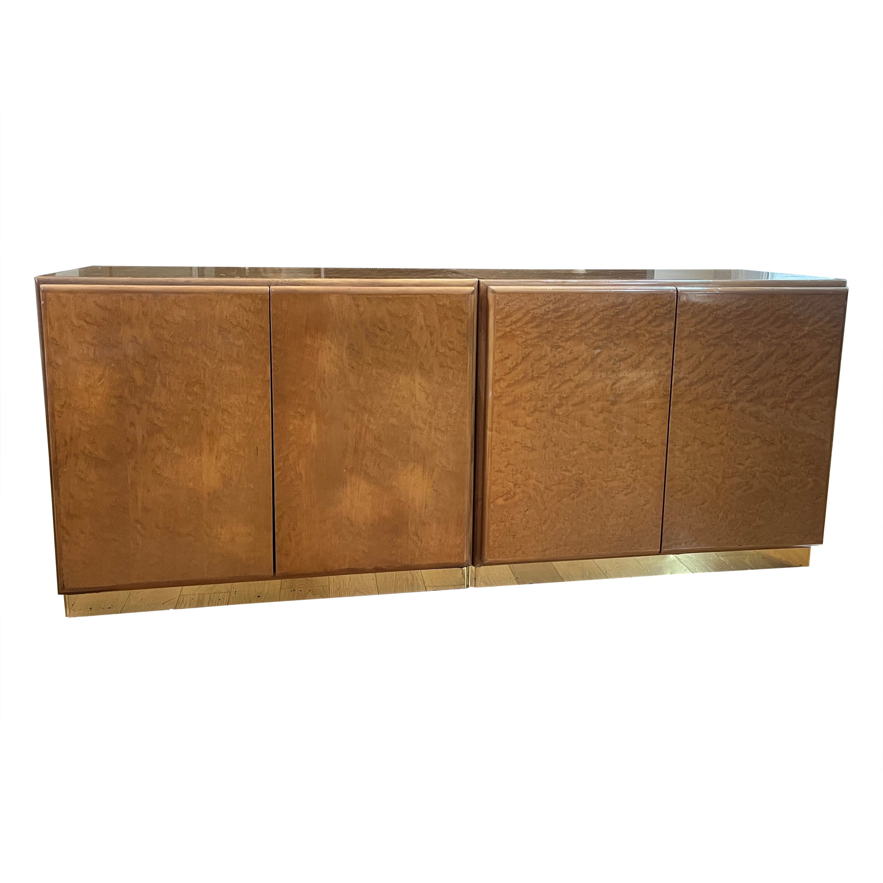 Milo Baughman Birdseye Maple MCM Night Stands/Credenza with Gold Base