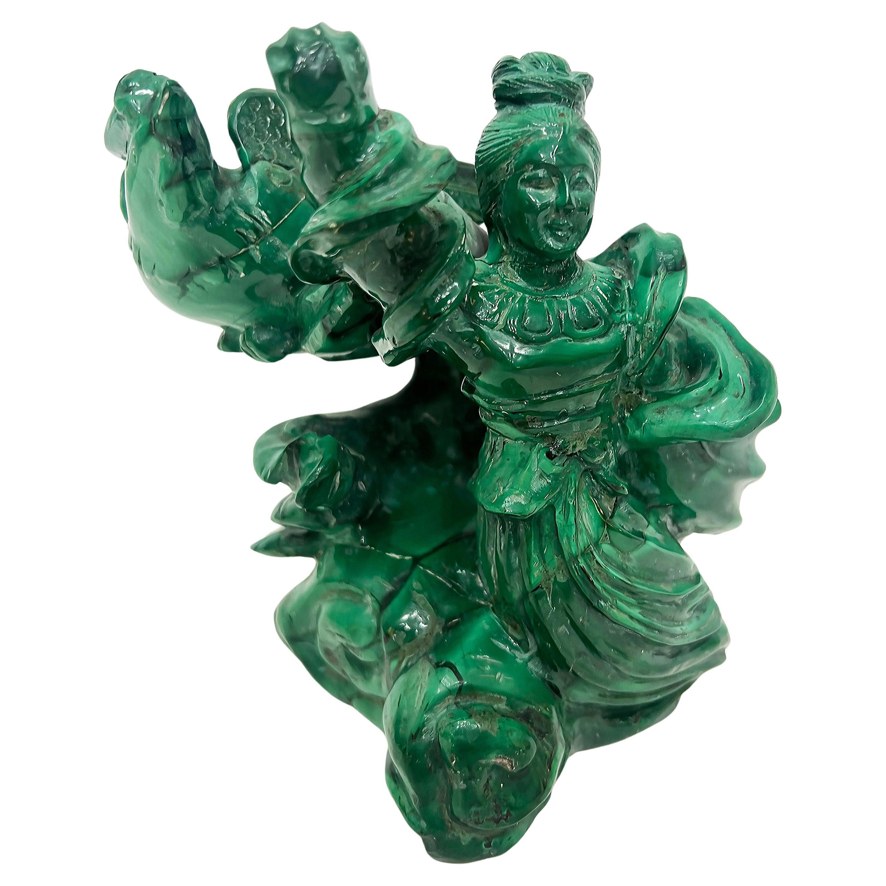 Vintage Chinese Carved Malachite Guan Yin Statue, Phoenix Bird Surrounding  For Sale