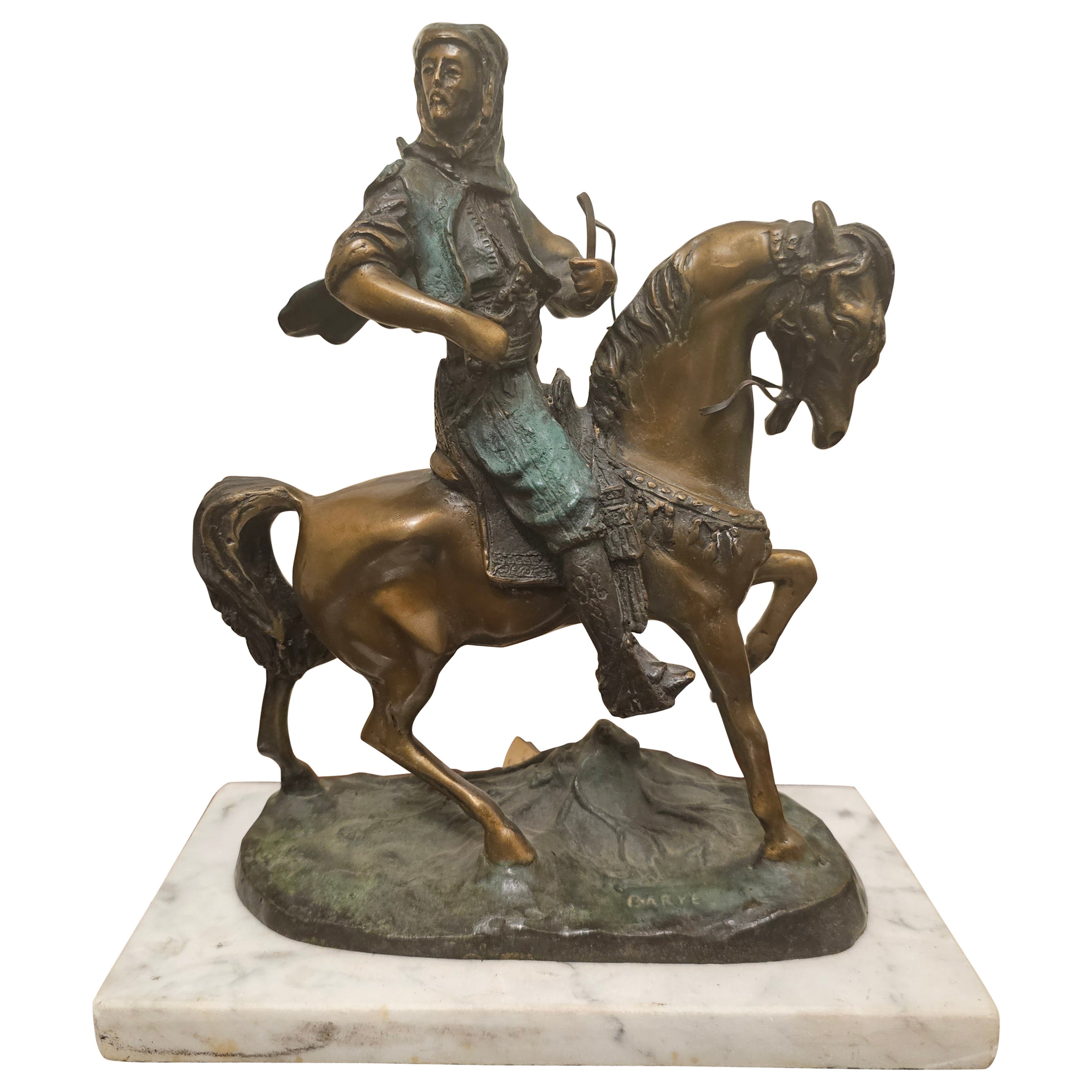 A Barye & Emile Guilemin, chasseur arabe à cheval en bronze patiné vert-gris  en vente
