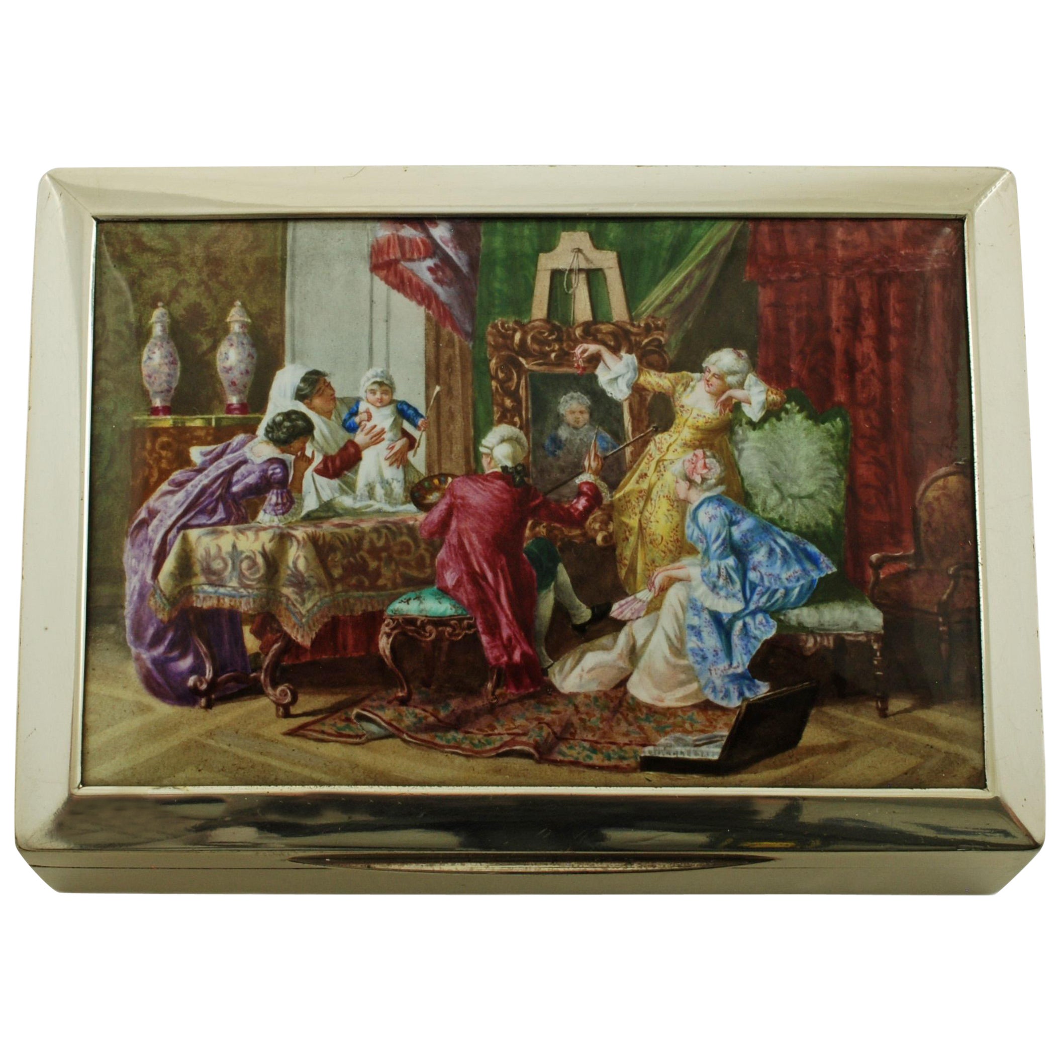 Wright & Davies Sterling Silver Box Hand Painted Enamel Plaque with Genre Scene For Sale