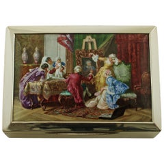 Wright & Davies Sterling Silver Box Hand Painted Enamel Plaque with Genre Scene