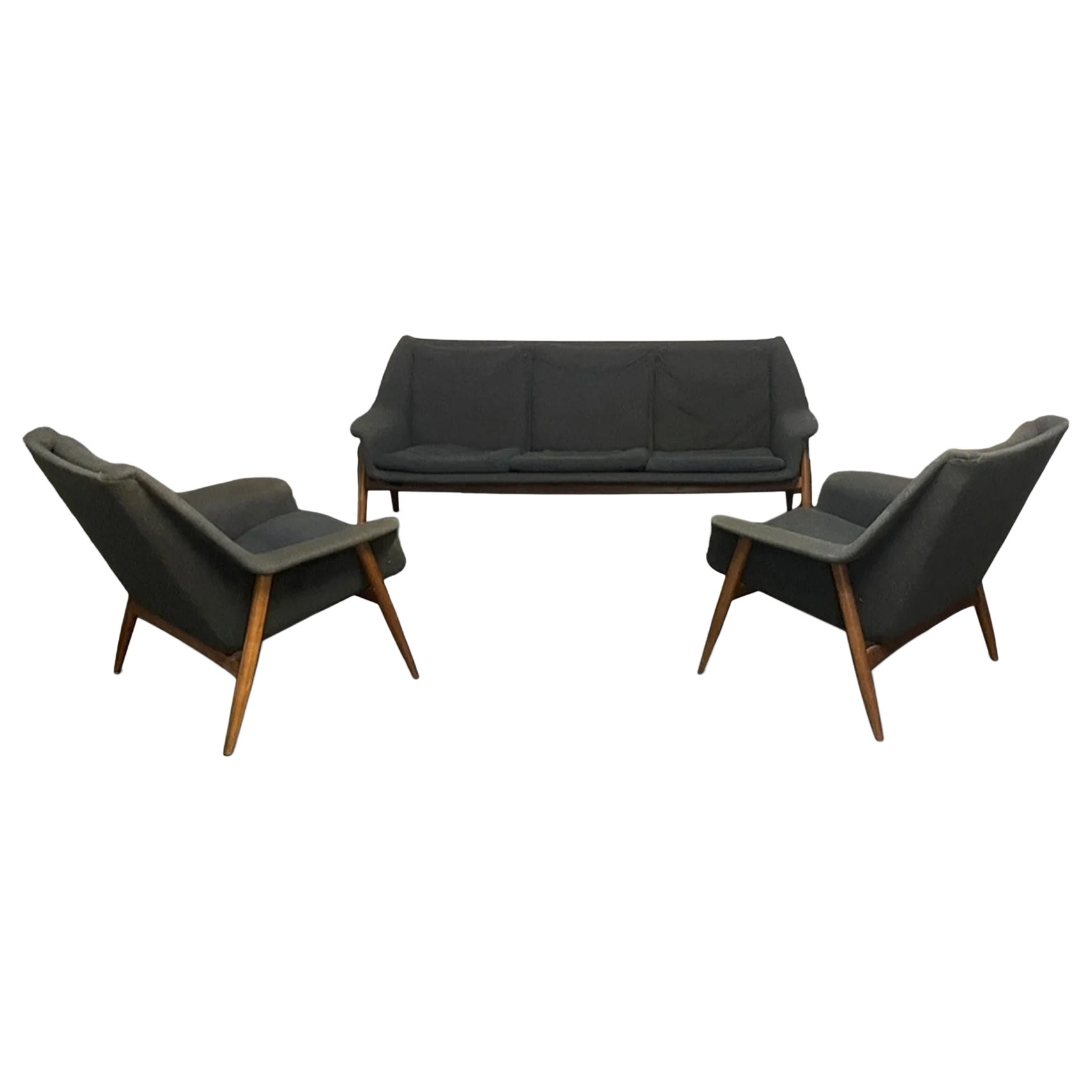 Pair of 1950s atomic lounge chairs + sofa in the manner of folke ohlsson For Sale