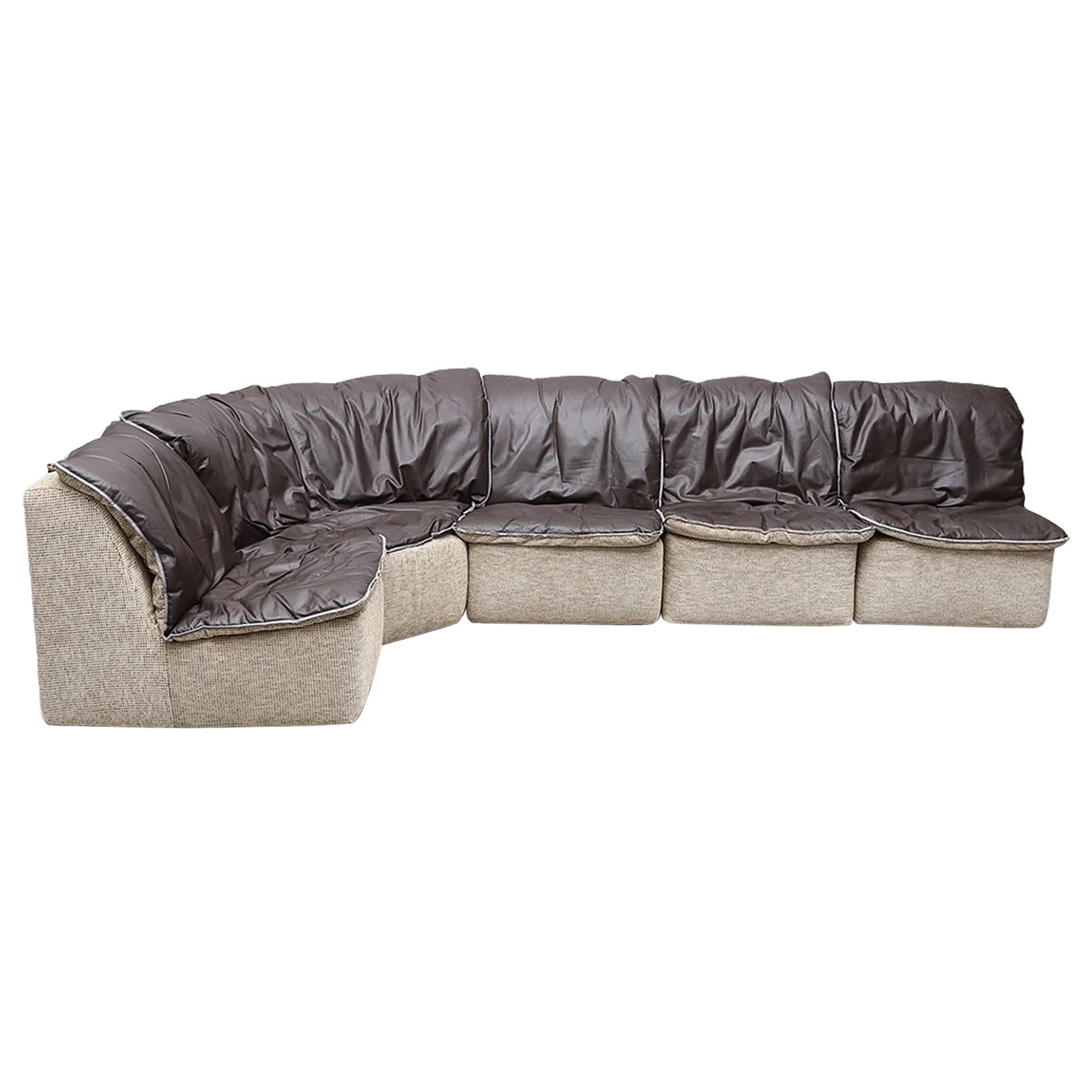 1970s five piece modular sofa in fleece + leather with reversible cushions For Sale