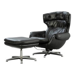 Retro Reclining finnish lounge chair + ottoman in black leather