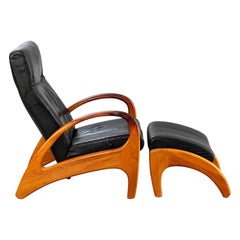 Vintage Organic modern reclining teak + leather lounge chair with ottoman