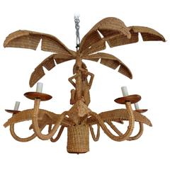 Vintage Woven Palm Tree and Monkey Chandelier