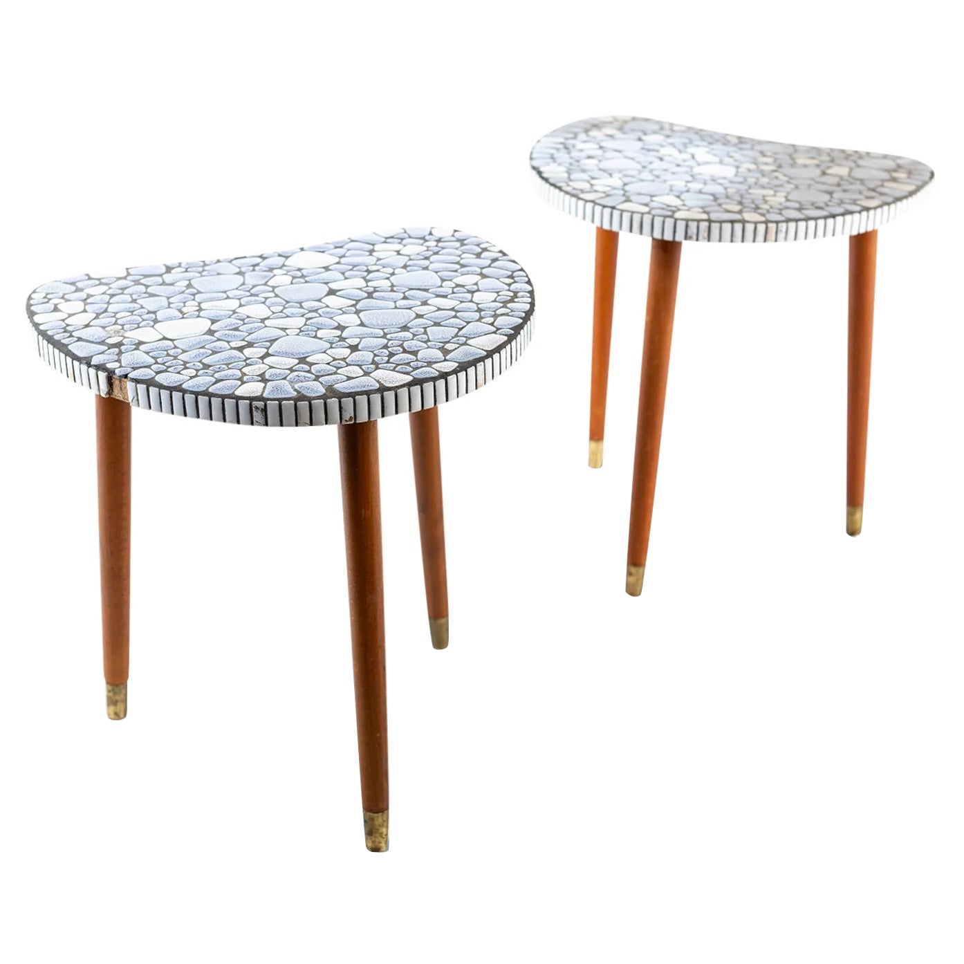 Pair of organic amoeba mosaic tripod side tables For Sale