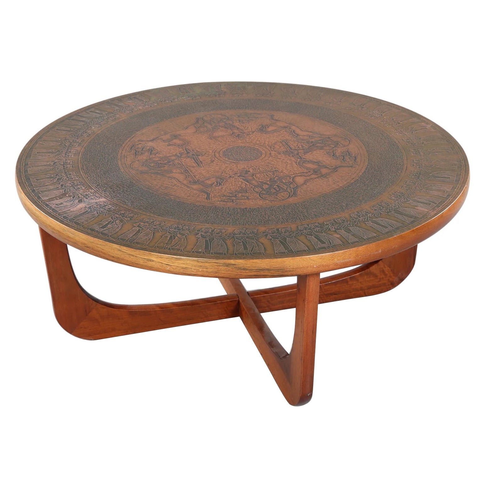 Circular copper + beech motif coffee table by oddmund vad For Sale