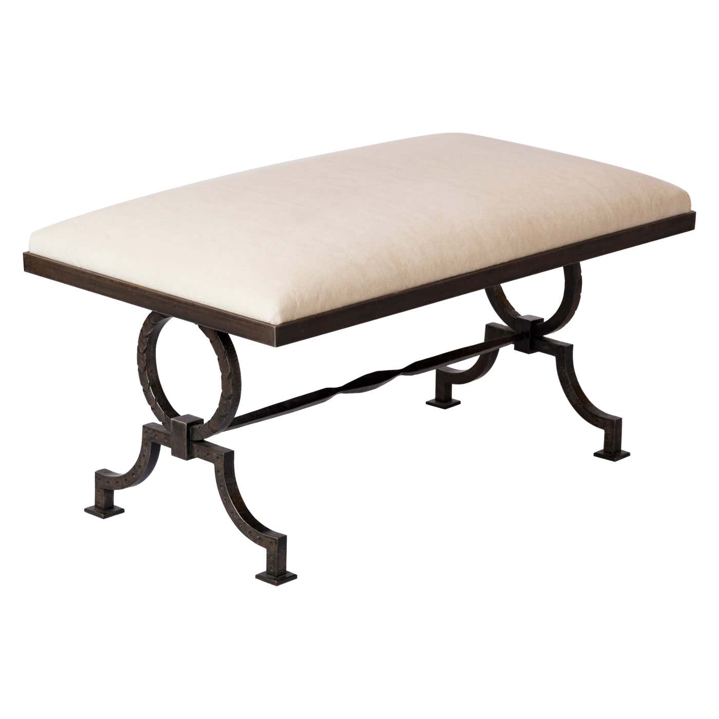 Wrought Iron Bench W Cream P Frey Mohair Att Gilbert Poillerat wrought-iron-bench-w-cream-p-frey-mohair-att-gilbert-poillerat