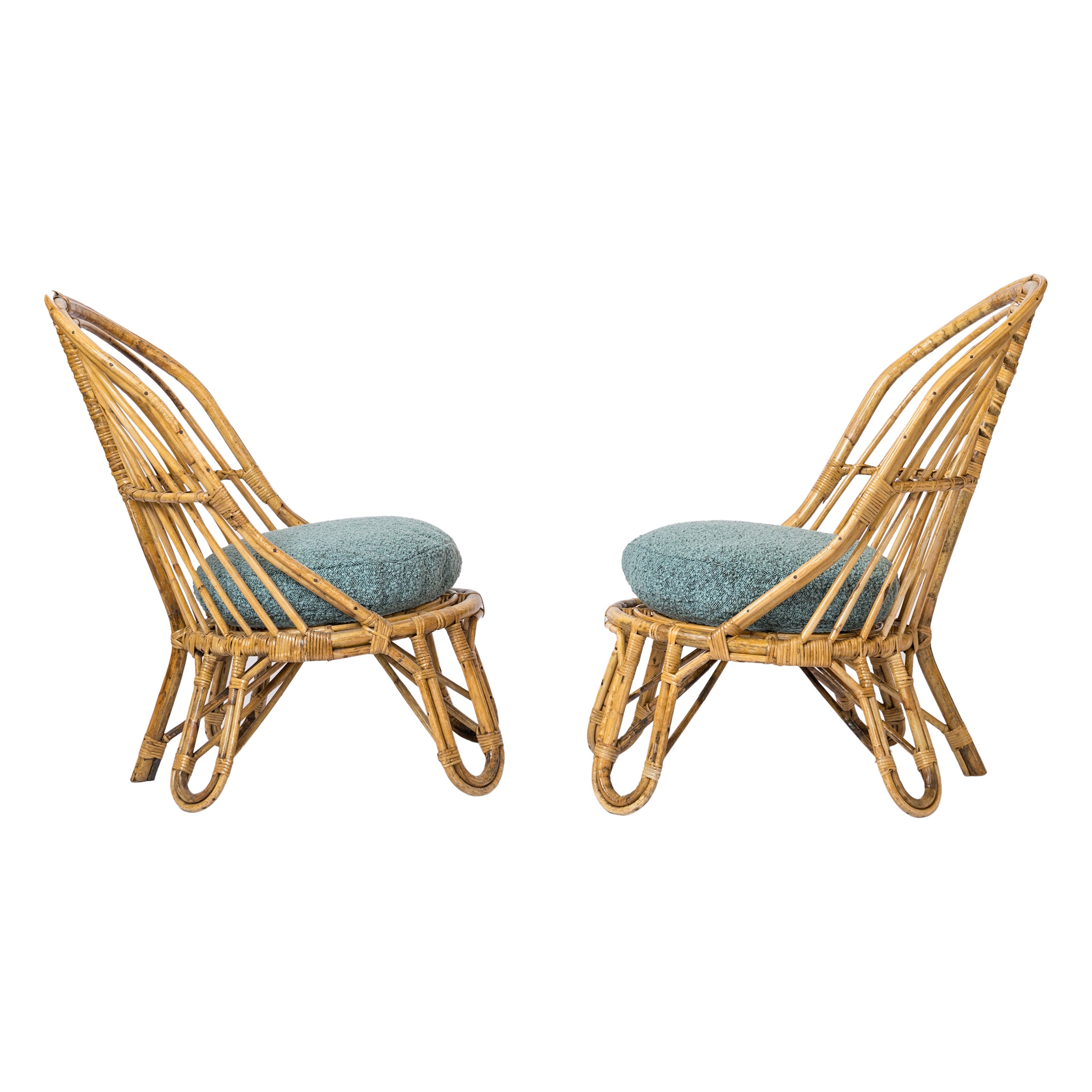 Two L. Sognot Style Rattan Lounge Chairs w. Blue "Chiné" Cushions - France 1950s For Sale