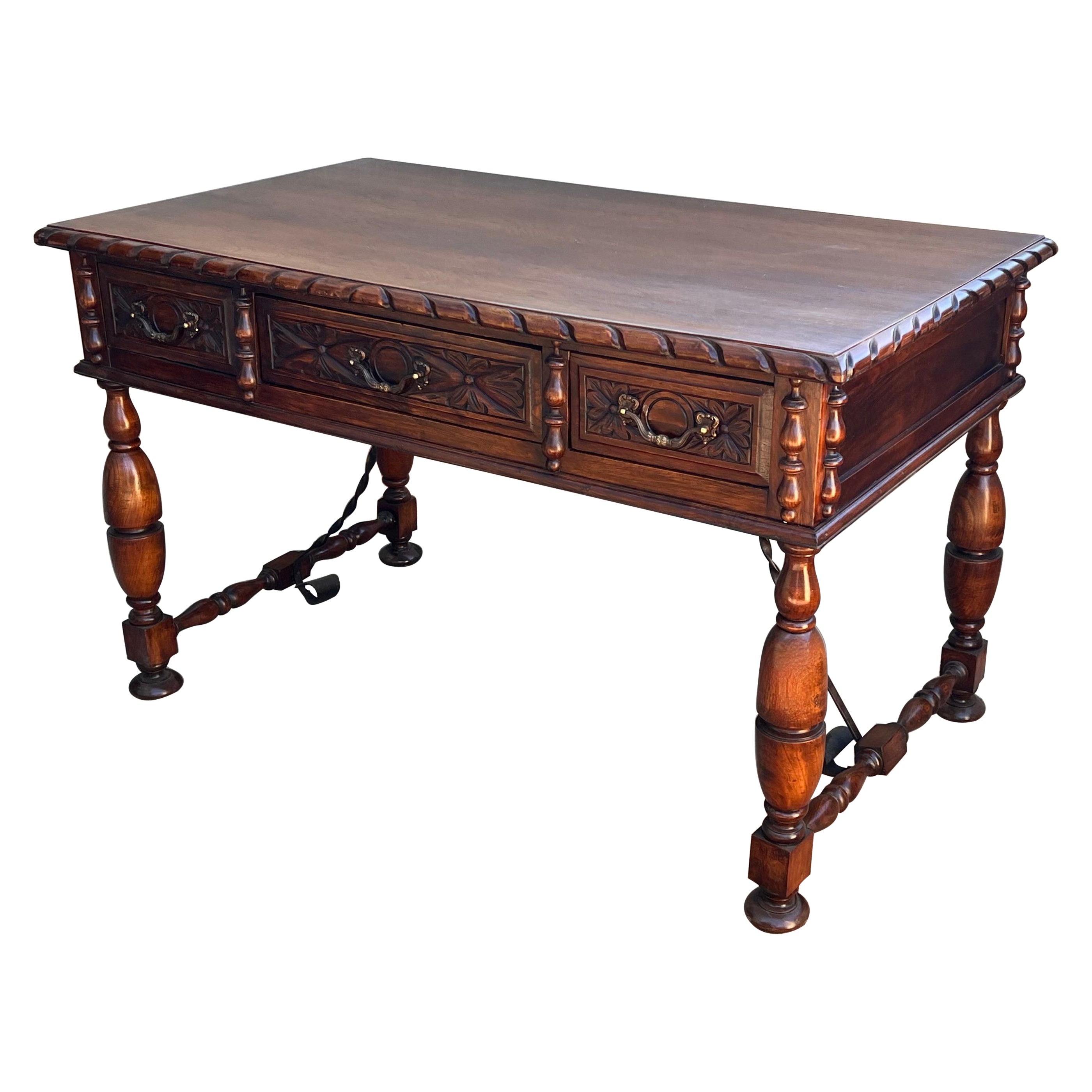 20th Two sides French Louis XV Style Carved Walnut Desk with Three Drawers  For Sale