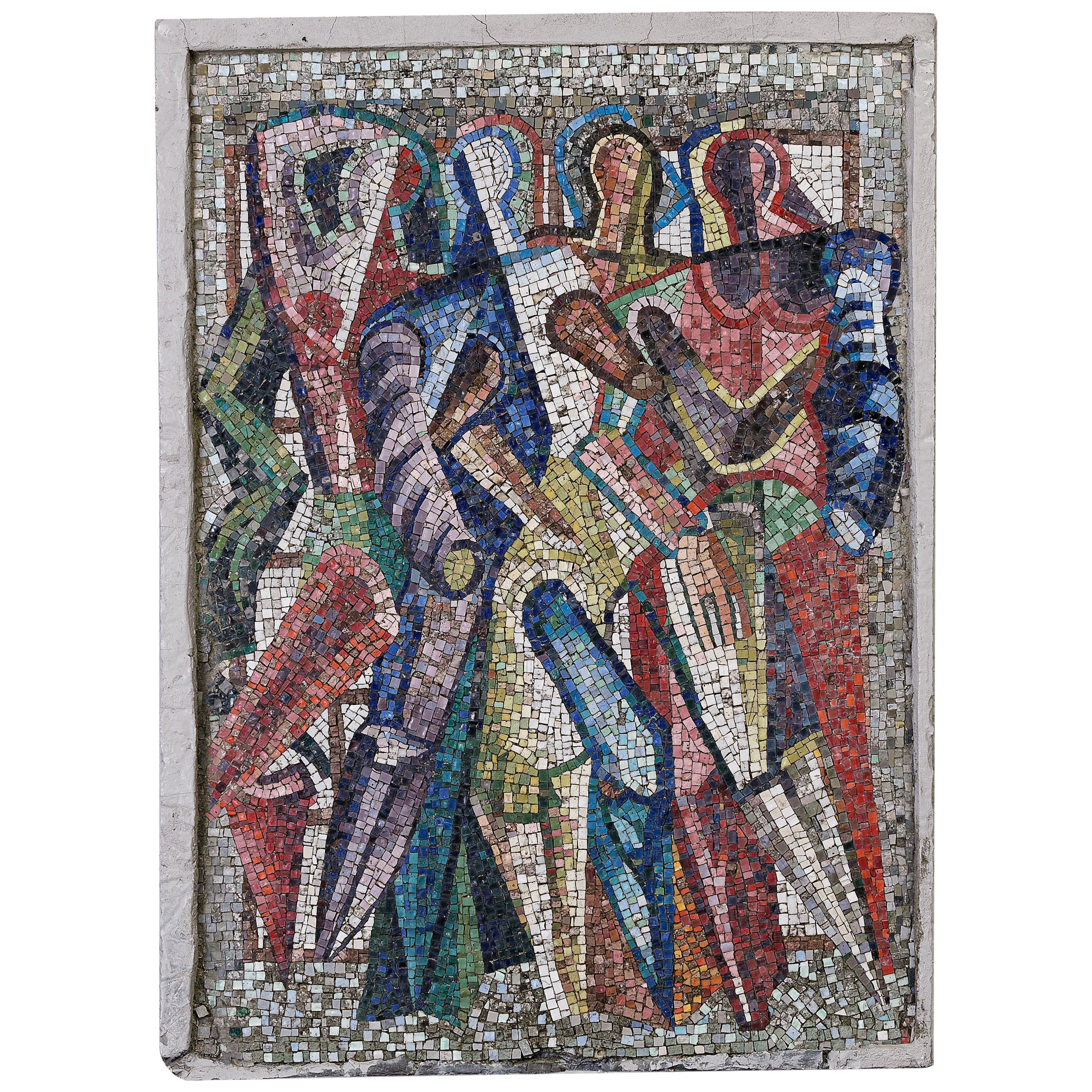 Ein großes helles und farbenfrohes Mosaik mit abstrakten Figuren, Petronella & Jacob  im Angebot
