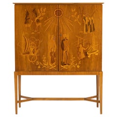 Vintage 1940s detailed intarsia walnut swedish cabinet by erik mattson