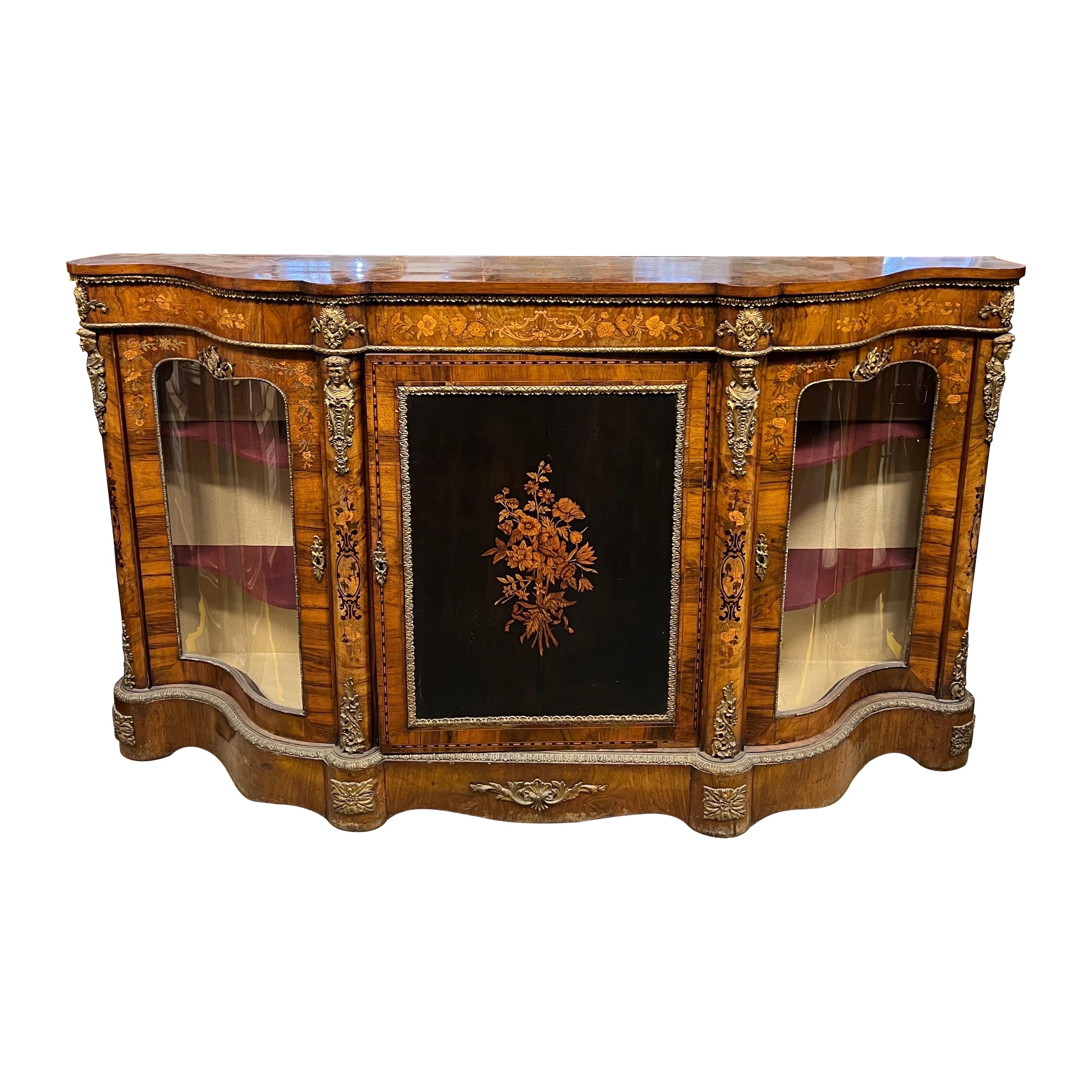 19th century English Victorian Walnut Sideboard Inlaid Marquetry with Bronze 