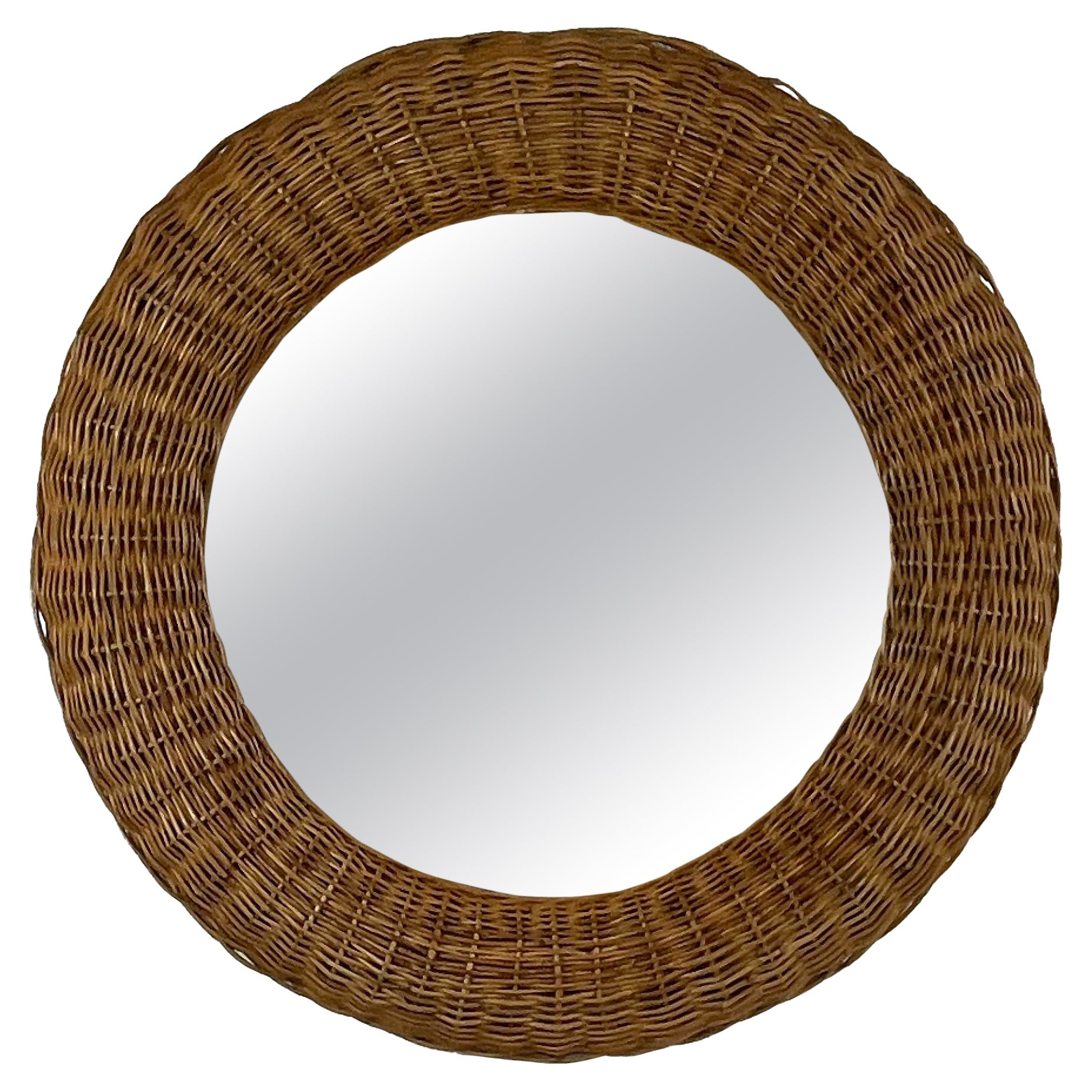 Riviera Style Round Woven Rattan Mirror, France 1950s For Sale
