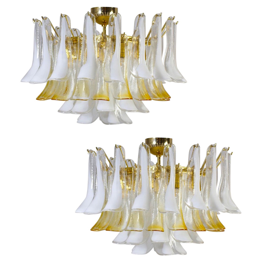 Pair of Large Murano Glass White and Amber Tulip Chandelier Italy 1970' For Sale