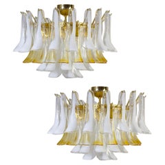 Vintage Pair of Large Murano Glass White and Amber Tulip Chandelier Italy 1970'