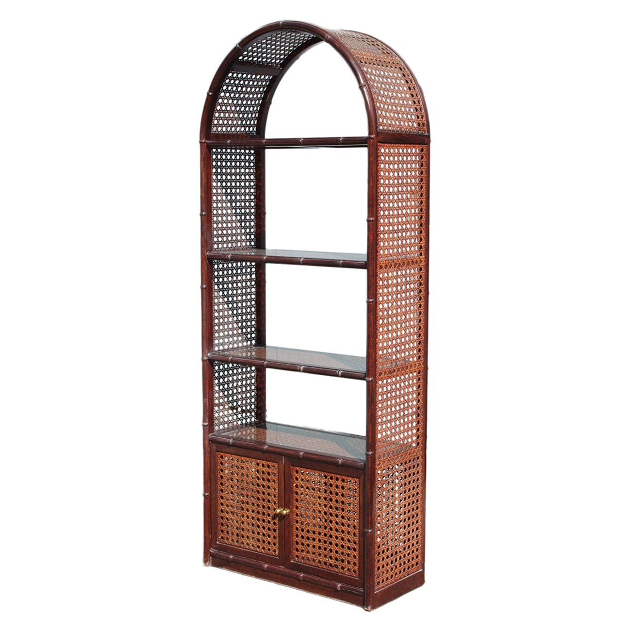 Bookcase Rounded wall display case with shelf in carved bamboo  straw, 1960 For Sale