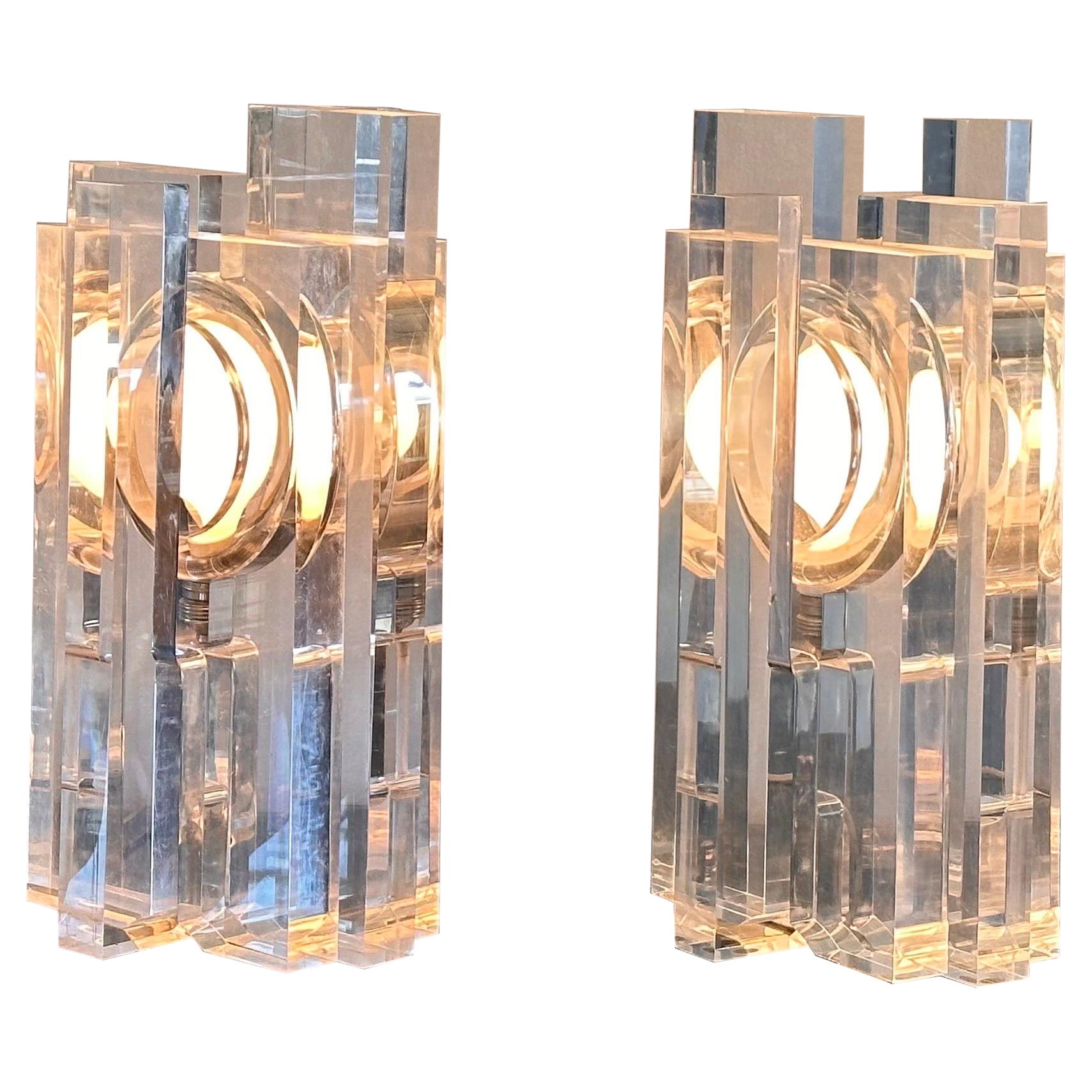 Rare Vintage Sandro Petti Lucite Huge Table Lamps for Metallarte, 1970s For Sale