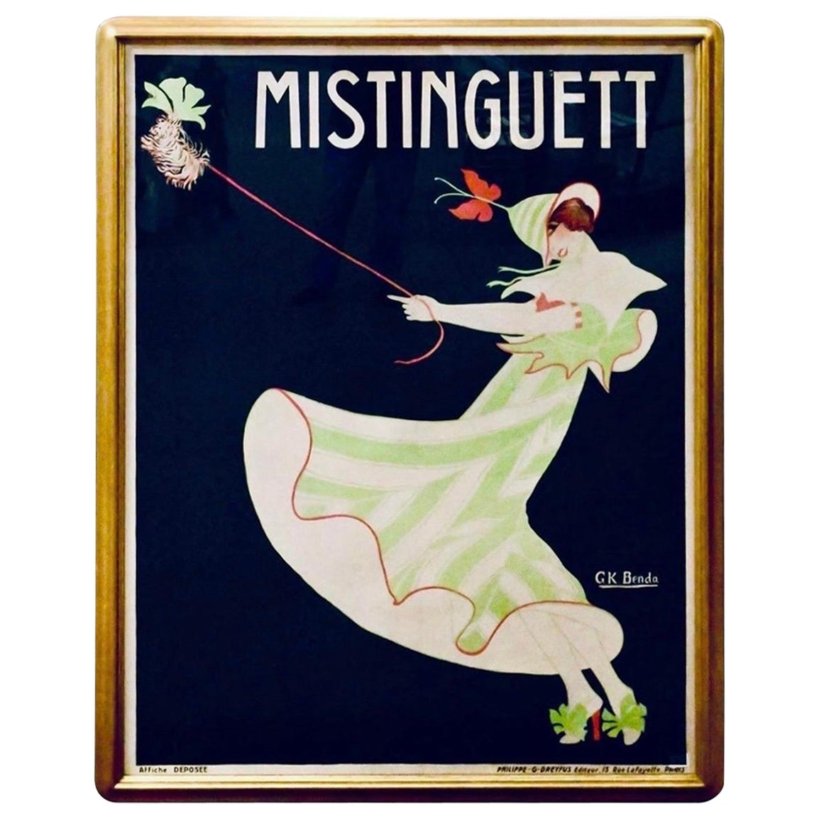 Extra Large Gilt Framed Mistinguett French Lithograph Vintage Poster Circa 1913 For Sale
