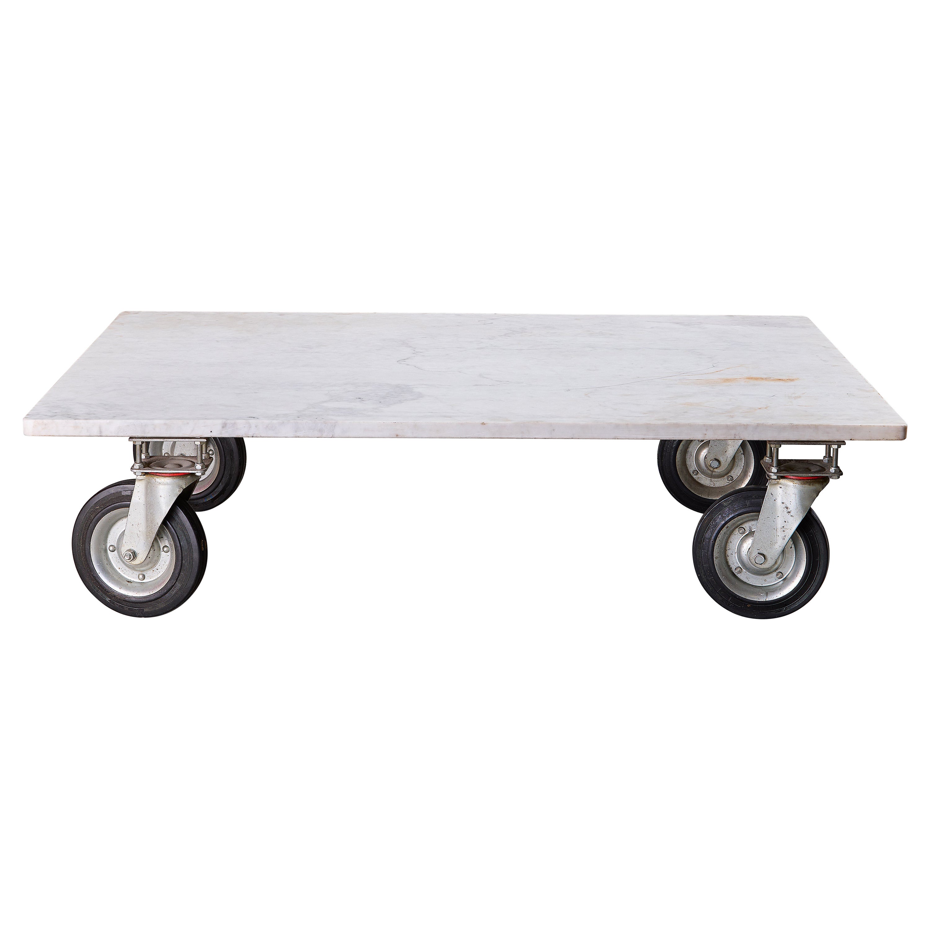 A Solid Industrial Coffee Table With Carrara Marble Top  For Sale