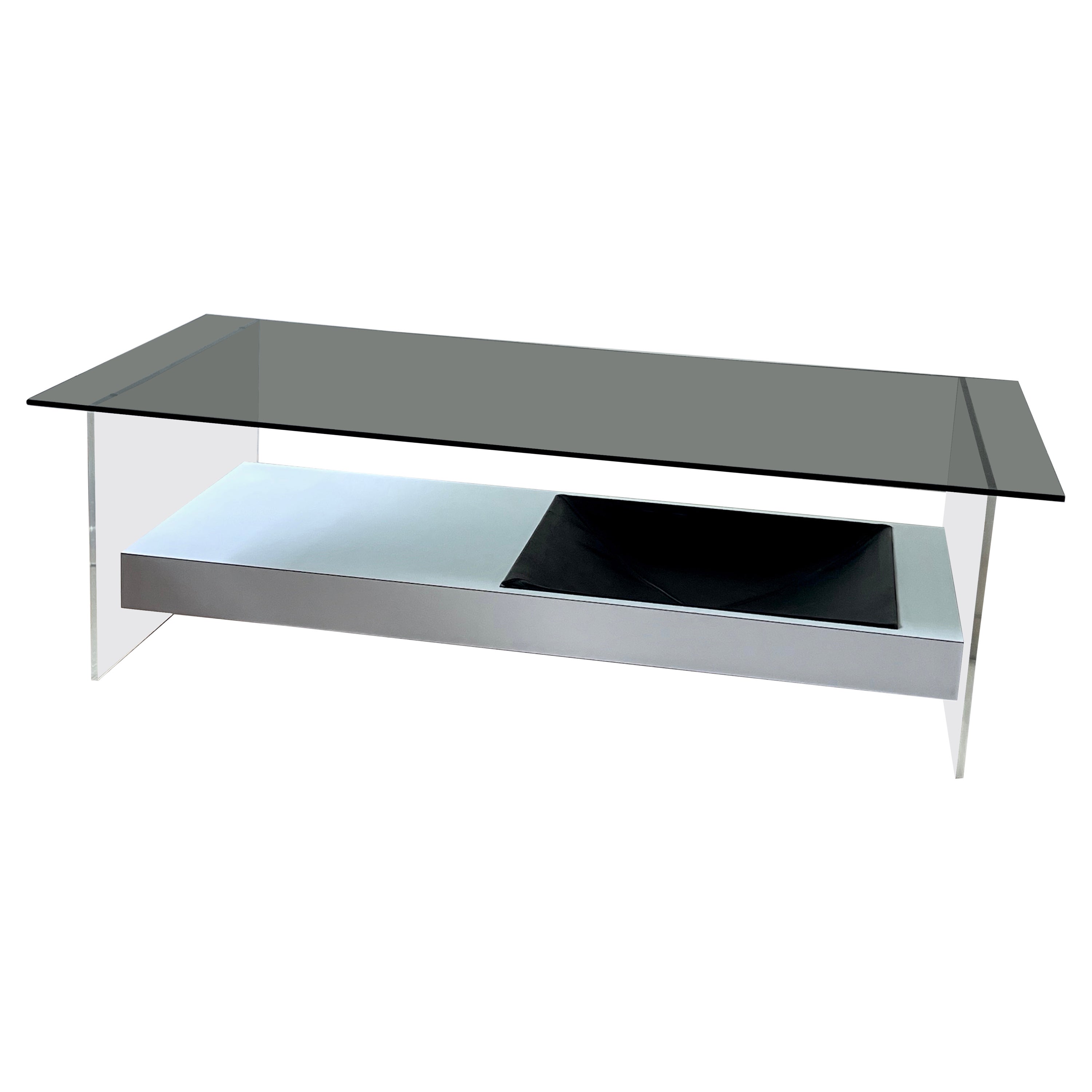 Modernistic coffee table in acrylic, glass, melamine and leather, 1970 For Sale