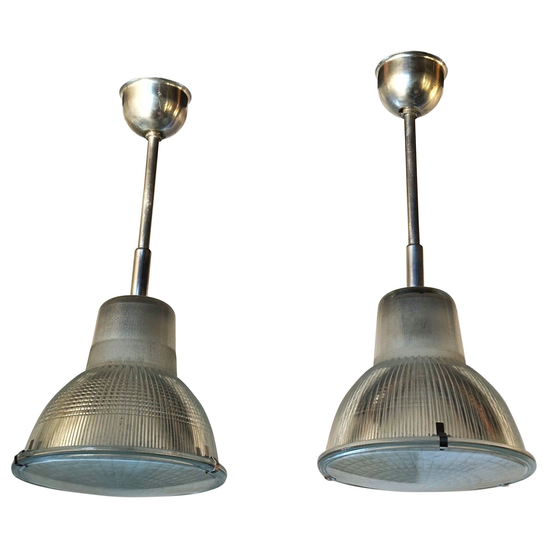 Art Deco Pair of Holophane Industrial Pendands, Chandelier, France 1940