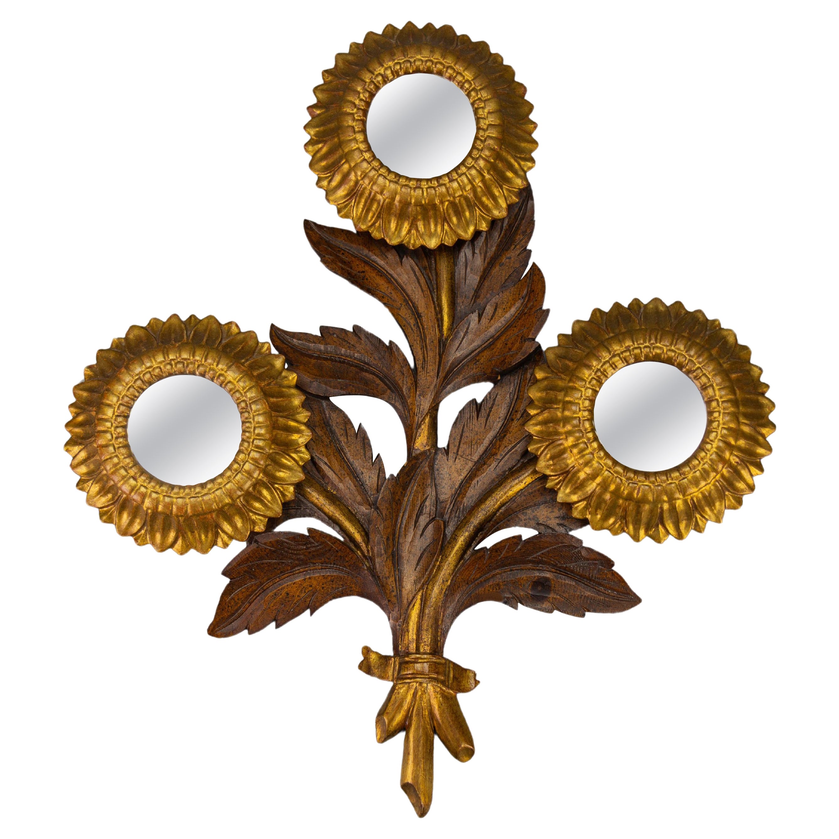 Mid-Century Carved Sunflower-Shaped Brown and Golden Wall Mirror, 1950s