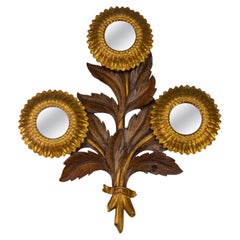 Mid-Century Carved Sunflower-Shaped Brown and Golden Wall Mirror, 1950s