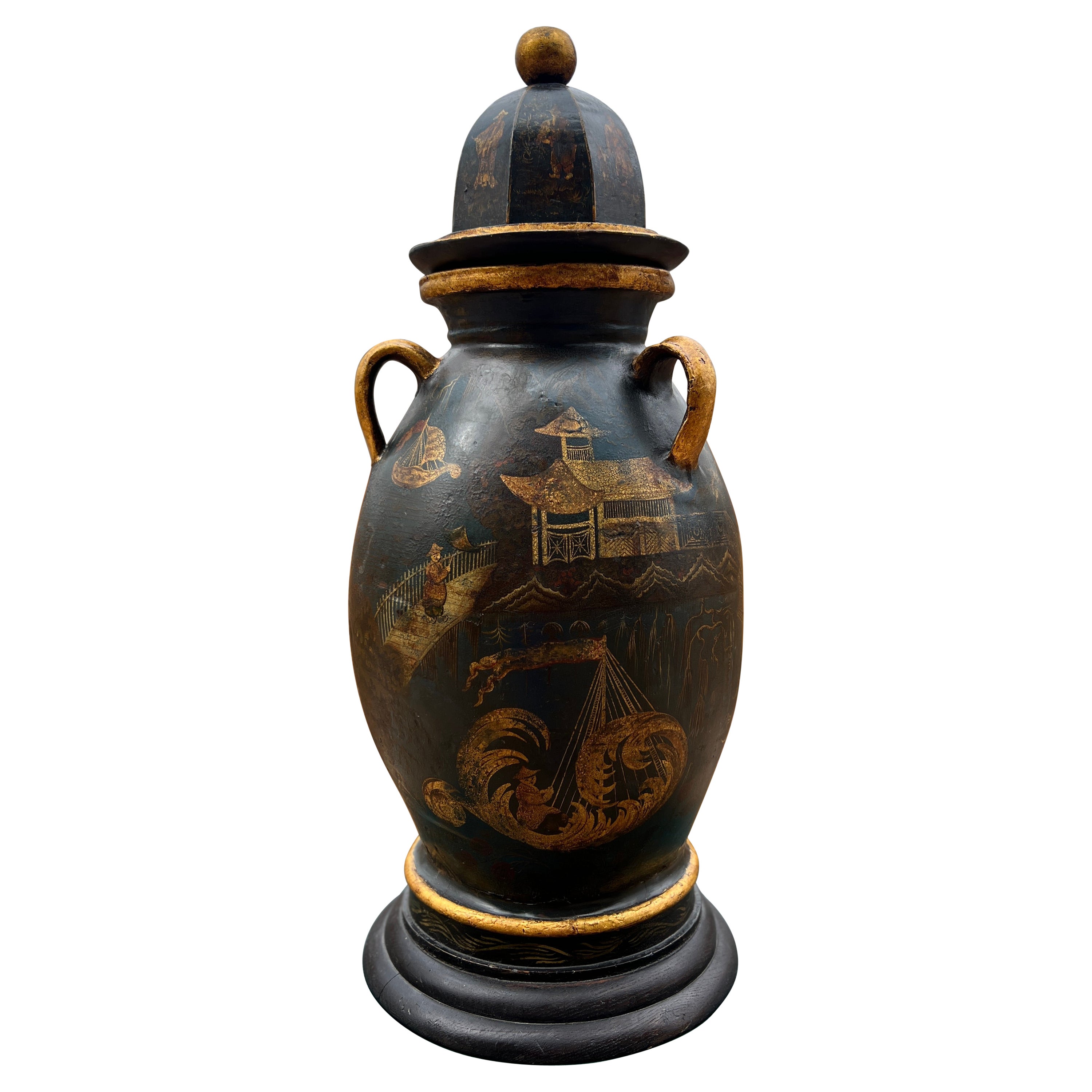 Regency Chinoiserie Decorated Gilt Wood & Tole Handled Urn or Centerpiece C 1820 For Sale