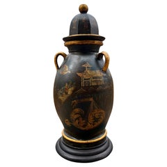 Regency Chinoiserie Decorated Gilt Wood & Tole Handled Urn or Centerpiece C 1820