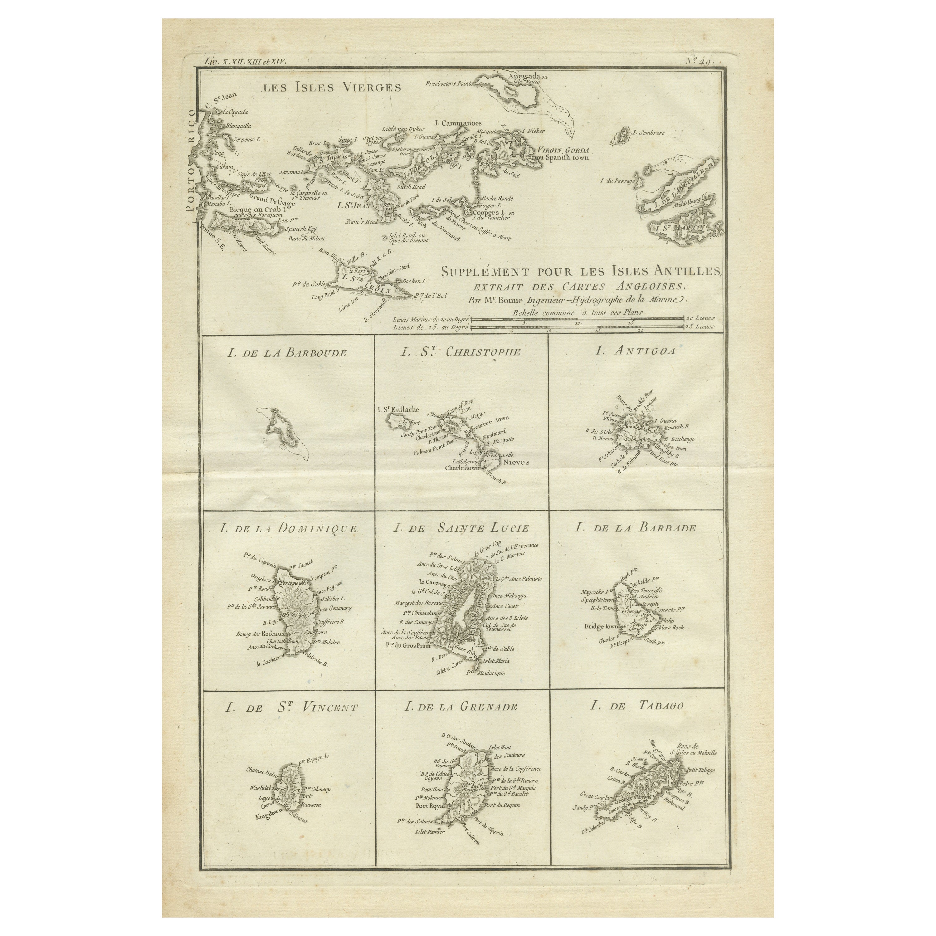 Original Antique Map of the Virgin Islands with Insets of Caribbean Isles, 1787