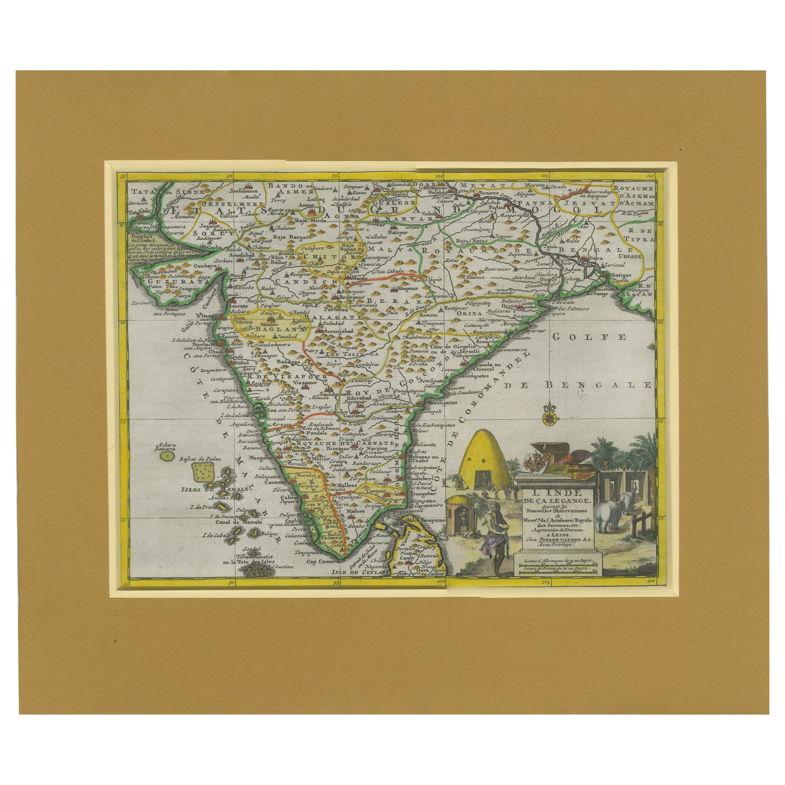 Antique Map of India during the height of the Mughal Imperial Expansion, 1713 For Sale