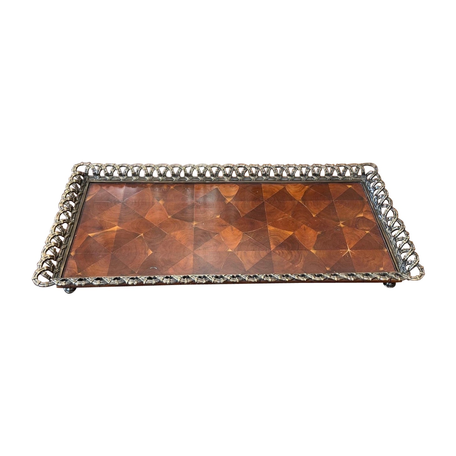 Theodore Alexander Oyster Veneer Tray With Antiqued Brass Gallery and Bun Feet