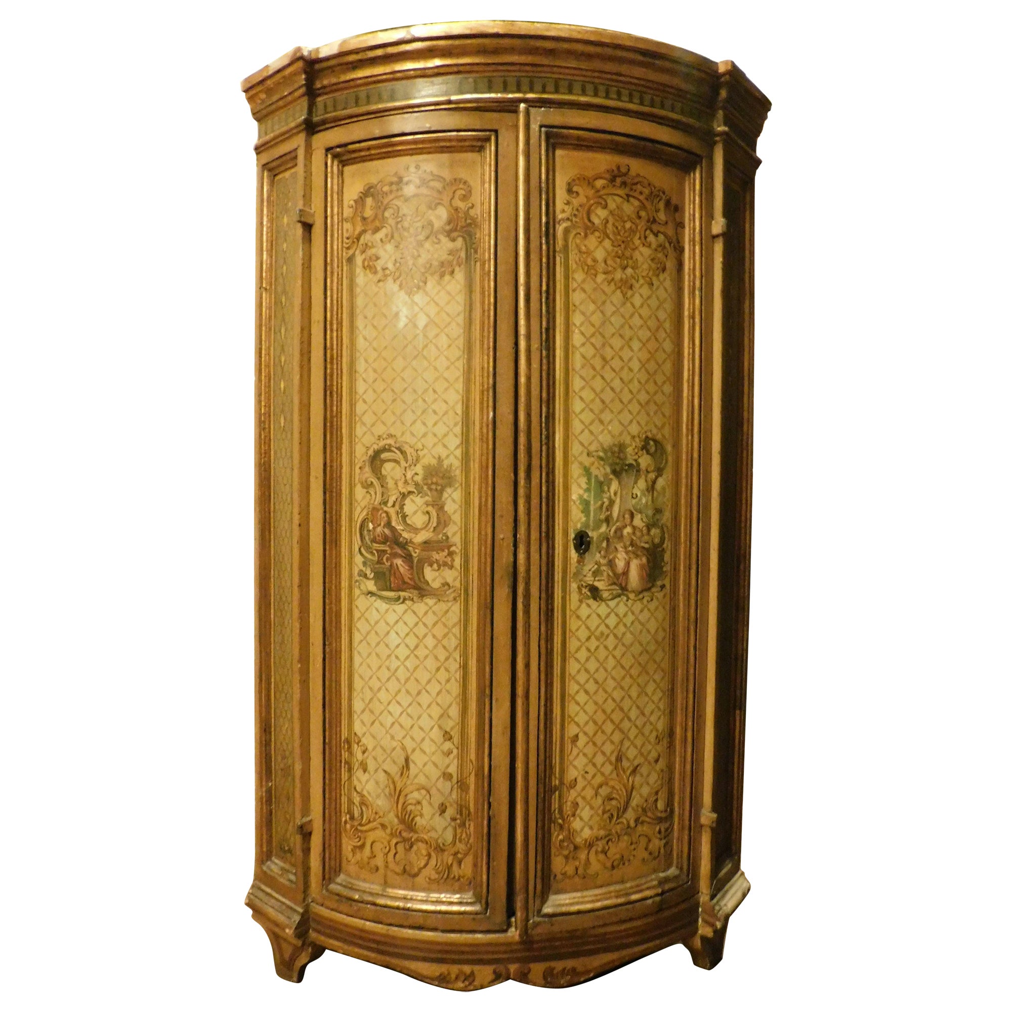 Corner cupboard, yellow lacquered and hand-painted cabinet, Italy For Sale