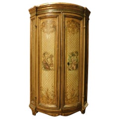 Antique Corner cupboard, yellow lacquered and hand-painted cabinet, Italy