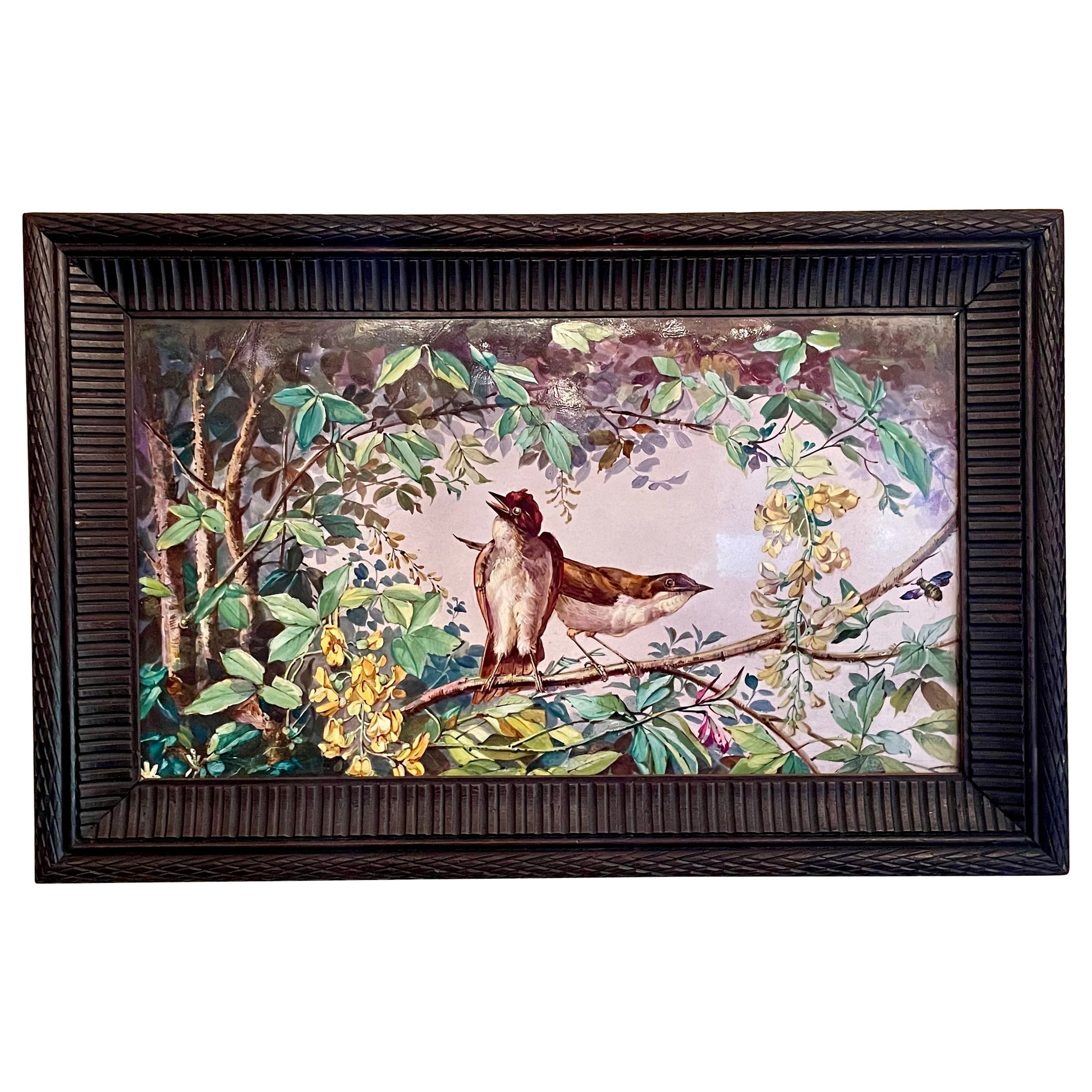Framed Antique Painted Porcelain Wall Plaque of Birds on a Limb, Circa 1890-1900 For Sale