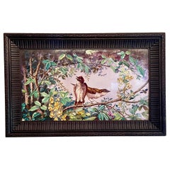 Framed Antique Painted Porcelain Wall Plaque of Birds on a Limb, Circa 1890-1900