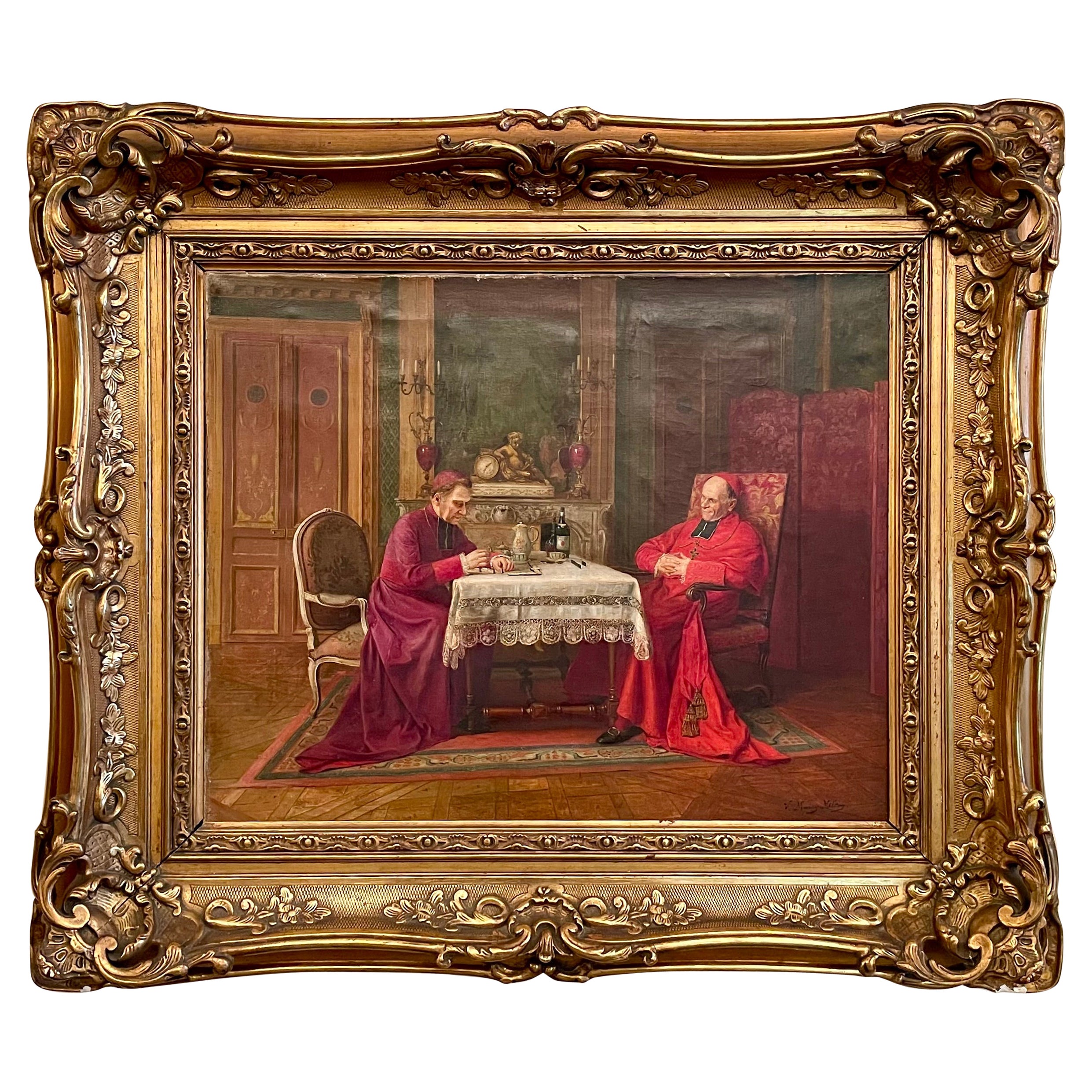 Antique French Oil on Canvas Painting of Cardinals by V. Marais Milton, Ca 1920. For Sale