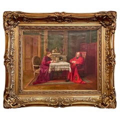 Antique French Oil on Canvas Painting of Cardinals by V. Marais Milton, Ca 1920.