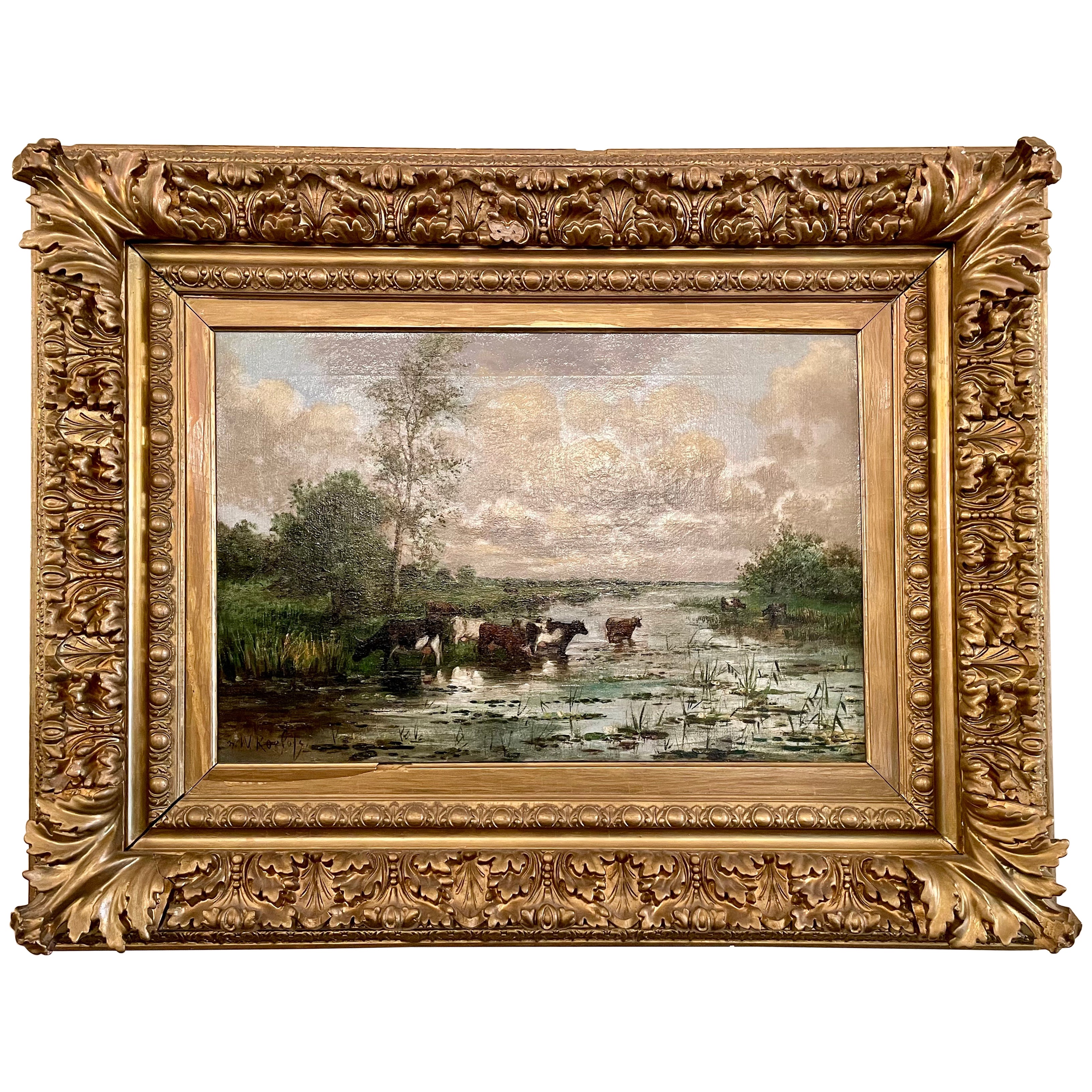 Antique Dutch Framed Oil on Canvas Painting, Pastoral Scene, Circa 1870-1880. For Sale
