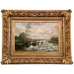 Antikes niederländisches gerahmtes Gemälde in Öl auf Leinwand, pastorale Szene, um 1870-1880.