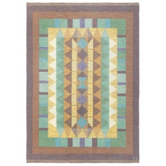 Vintage Swedish Flat Weave Rug Signed with Initials 'IV'
