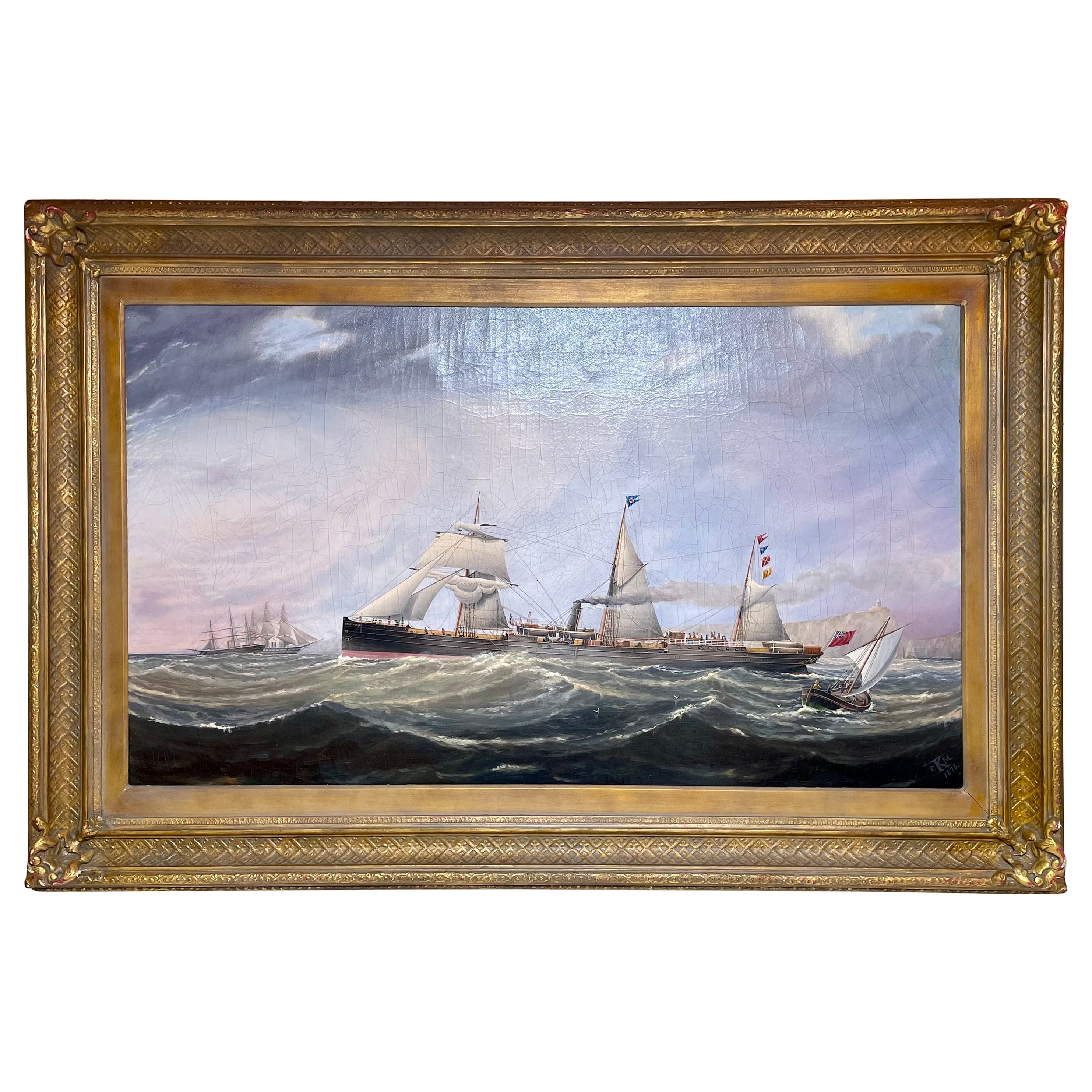 Large Antique English Oil on Canvas Ship Painting by Charles Keith Miller, 1876. For Sale
