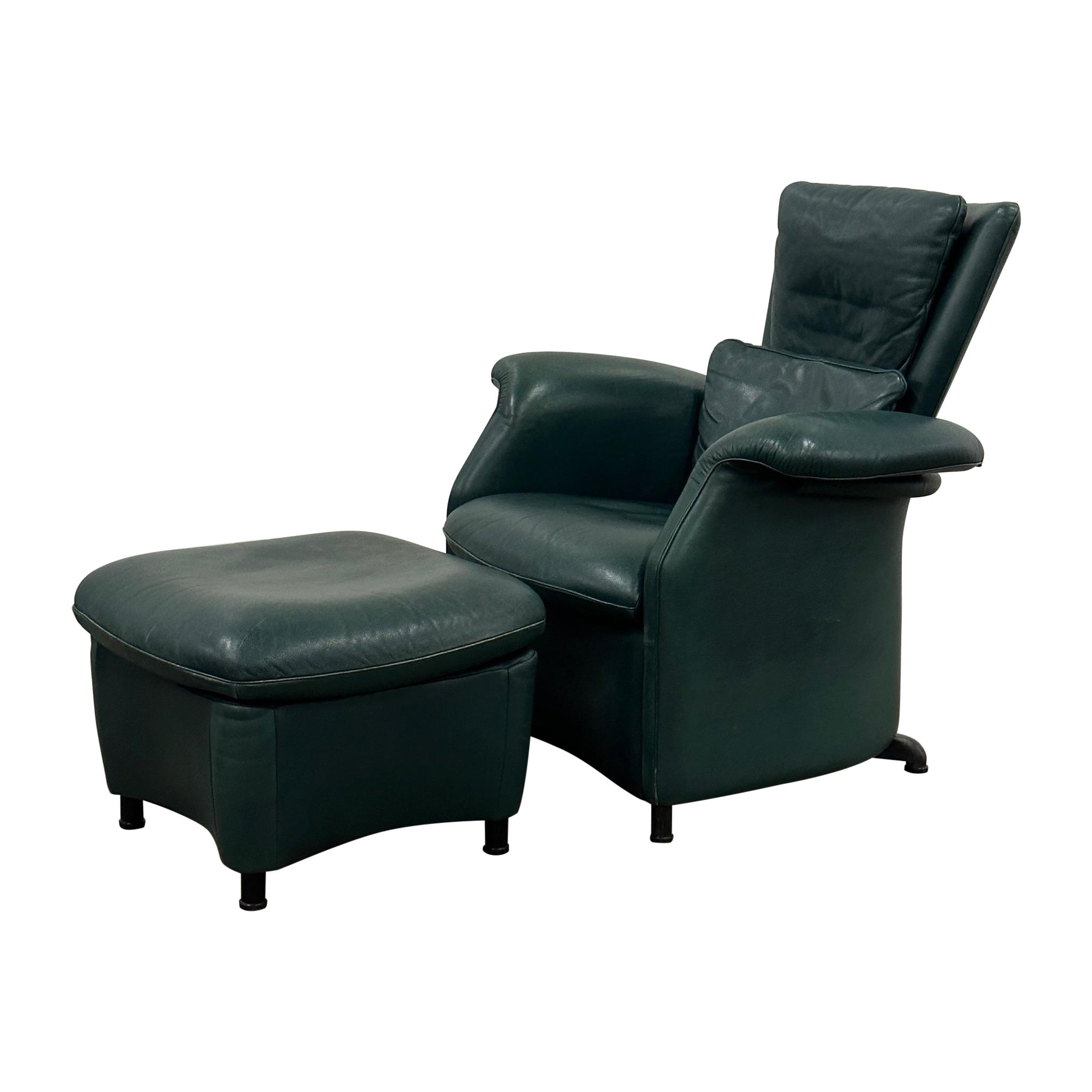 De Sede Green Leather Lounge Chair/Ottoman For Sale
