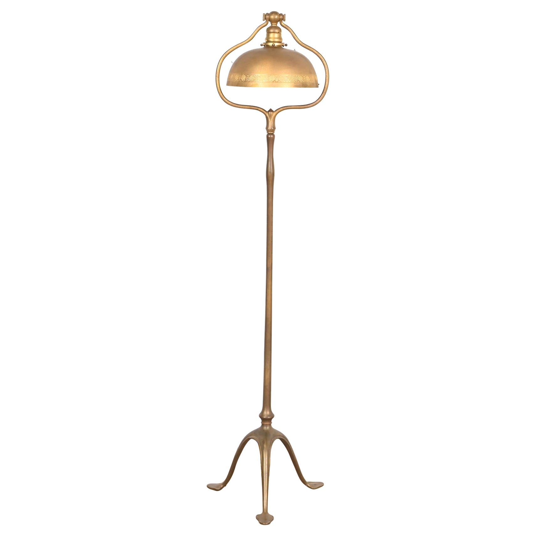 Tiffany Studios, New York, Stehlampe, vergoldete Bronze, Harfe