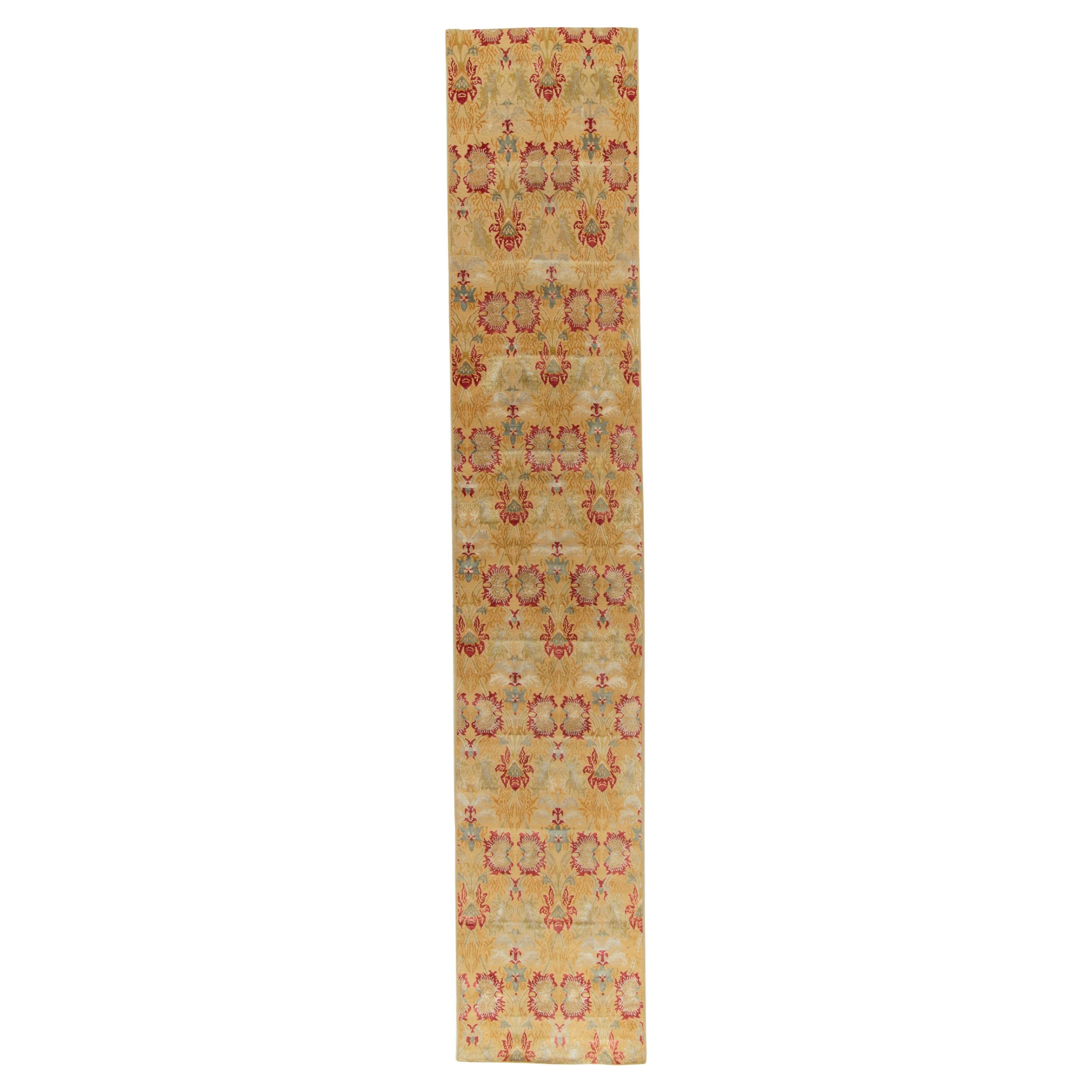 Rug & Kilim's Spanish European Style Runner in Gold, Red & Gray Floral Pattern