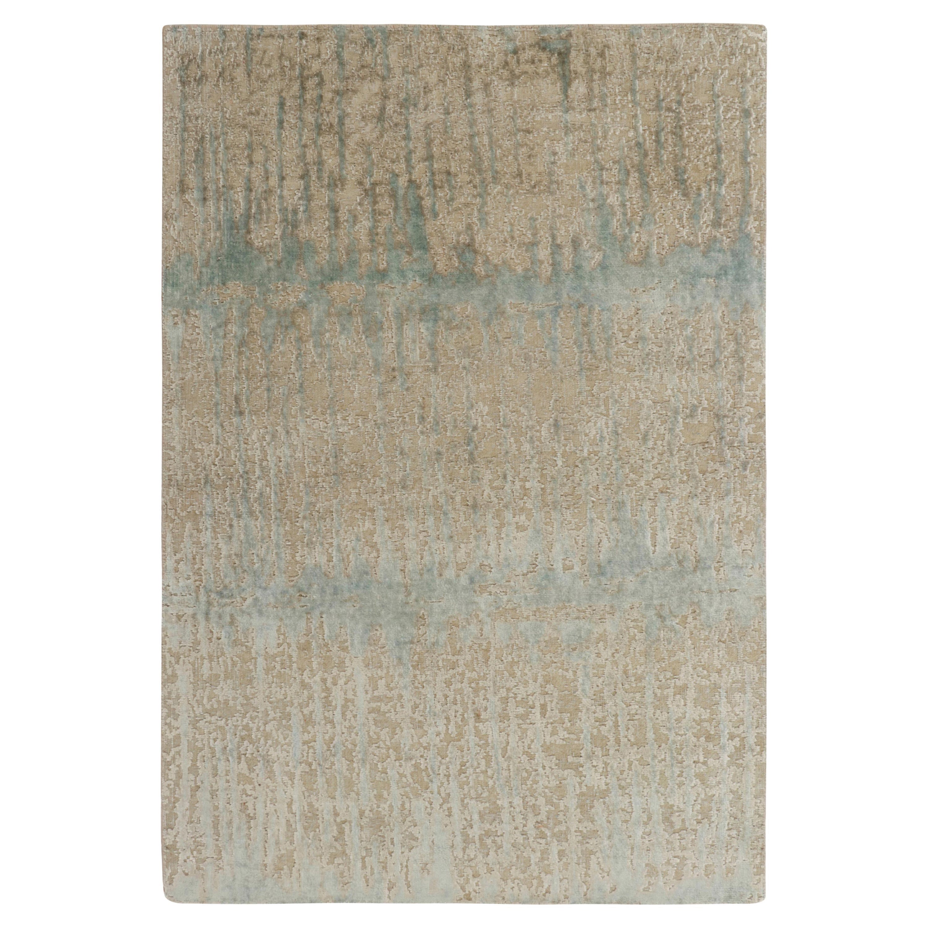 Rug & Kilim's Tapis abstrait noué à la main en bleu, motif beige-brun