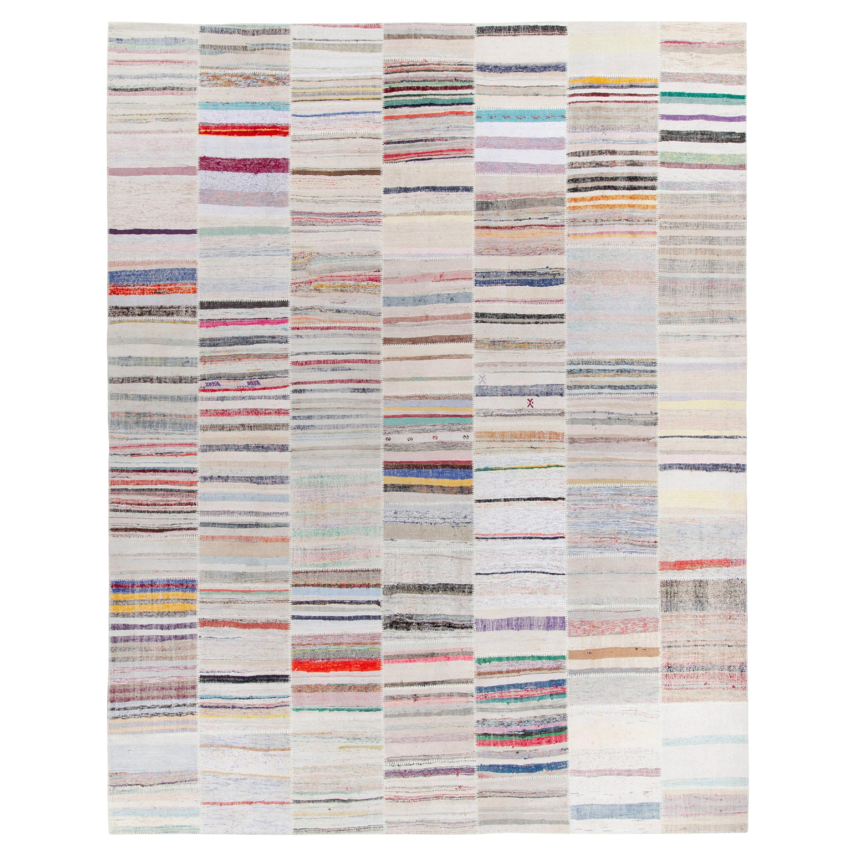 Rug & Kilim's Handwoven Modern Patchwork Kilim Rug in Multicolor Striation For Sale